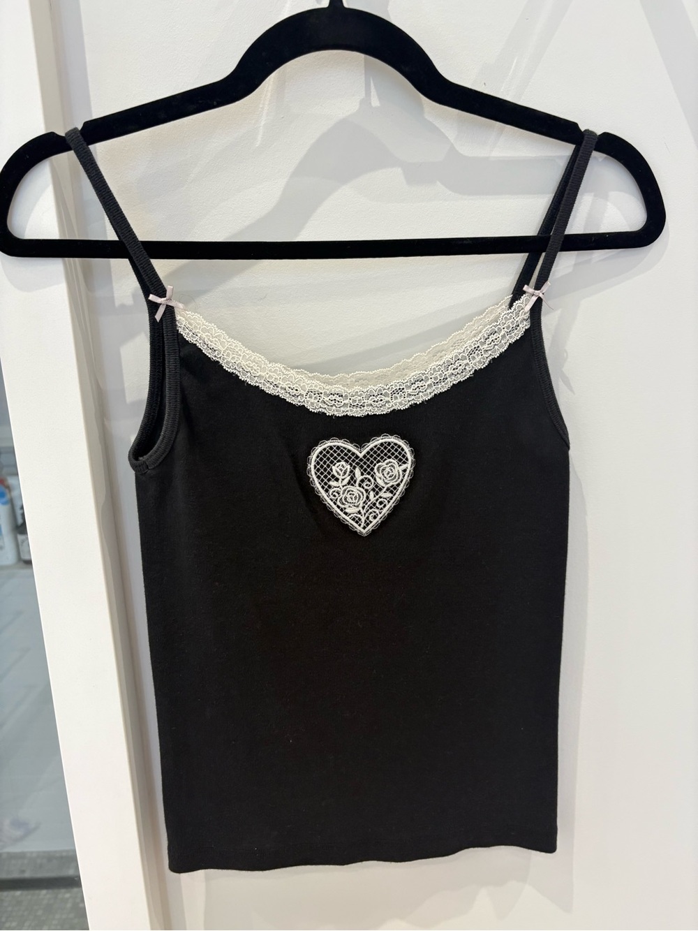Brandy Melville Black Lace-Trim Camisole with Heart Applique